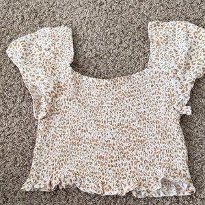 URBAN Romantics White and Camel Leopard Smocked Square Neck Crop Top